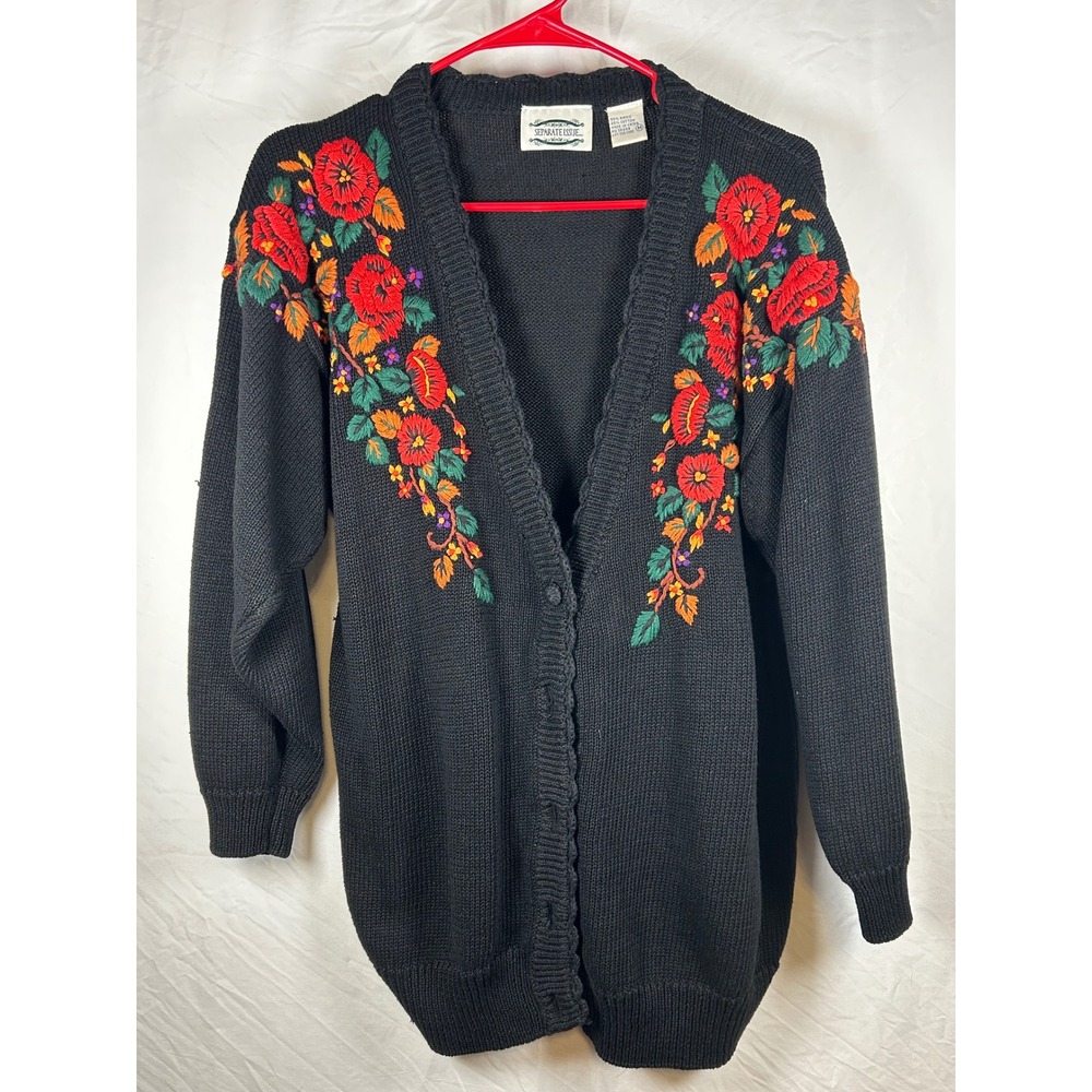 Vintage Separate Issue Floral Embroidered Cardigan Sweater Black Ramie Cotton M